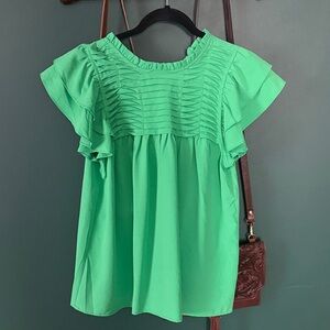 She + Sky Vibrant Green Ruffle Blouse